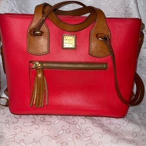 Dooney & Bourke Red Leather Shoulder Tote with Brown Trim